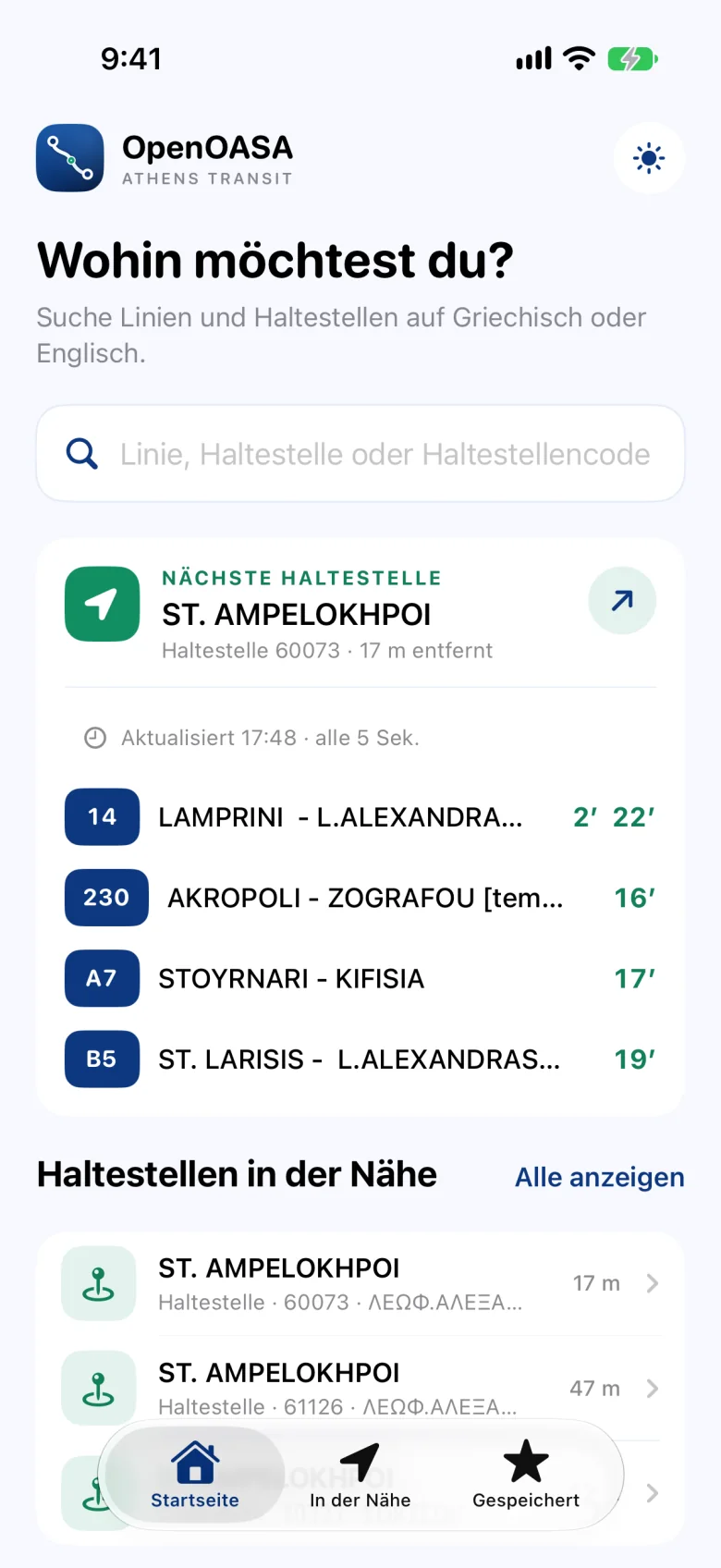 Startseite: die nächste Haltestelle mit den nächsten Bussen und Haltestellen in der Nähe.
