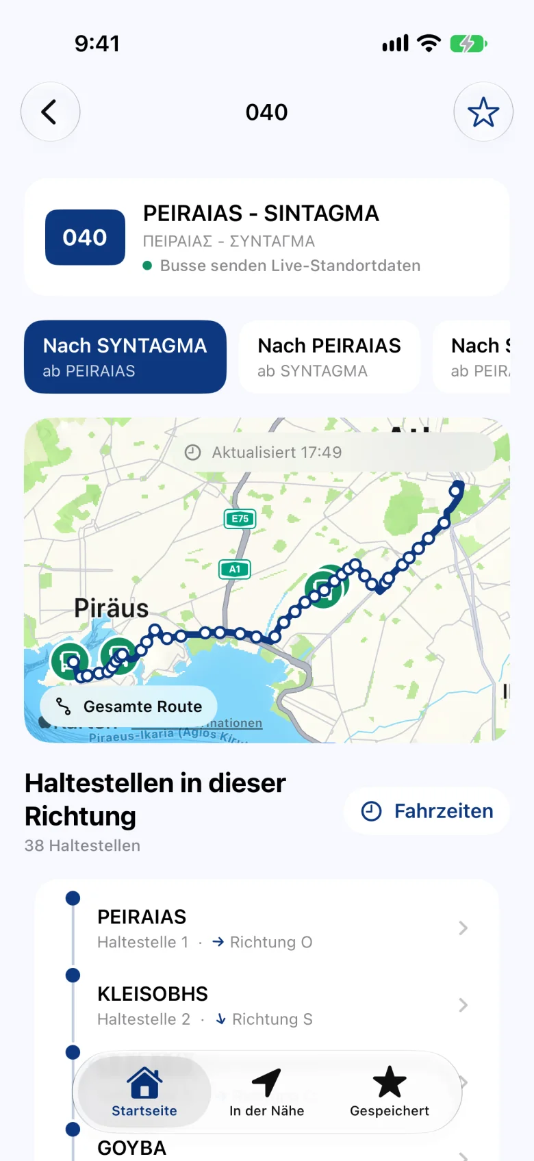 Linie 040: ihr Verlauf auf der Karte, die Richtungswahl und Busse, die ihre Position live übermitteln.