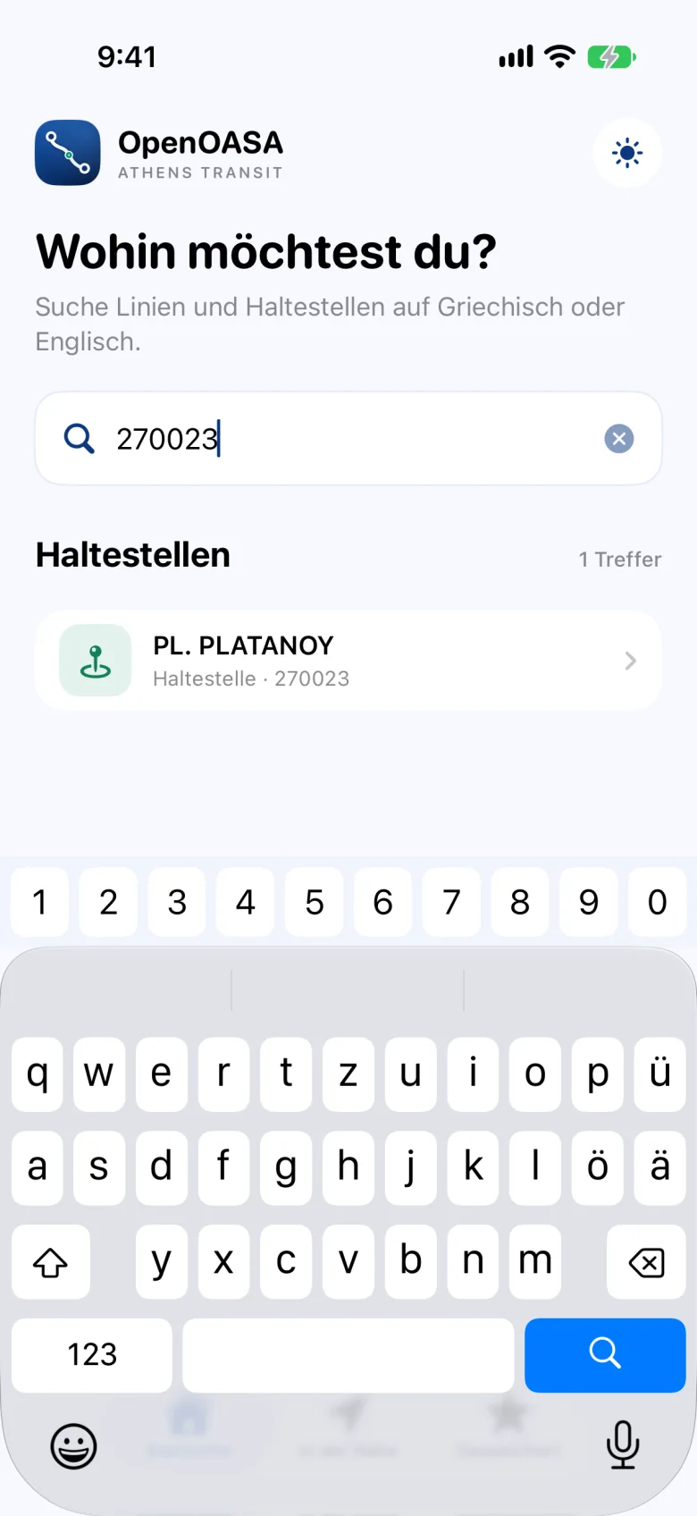 Suche mit dem Code auf dem Haltestellenschild: 270023 findet die Haltestelle Pl. Platanou.
