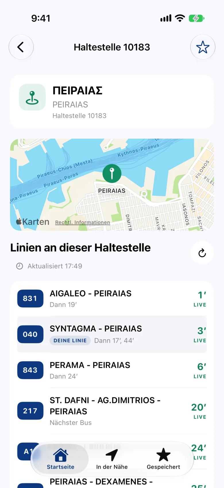 Eine Haltestelle: ihre Linien mit der Minutenzahl bis zum nächsten Bus und dem Hinweis, ob die Zeit live ist.