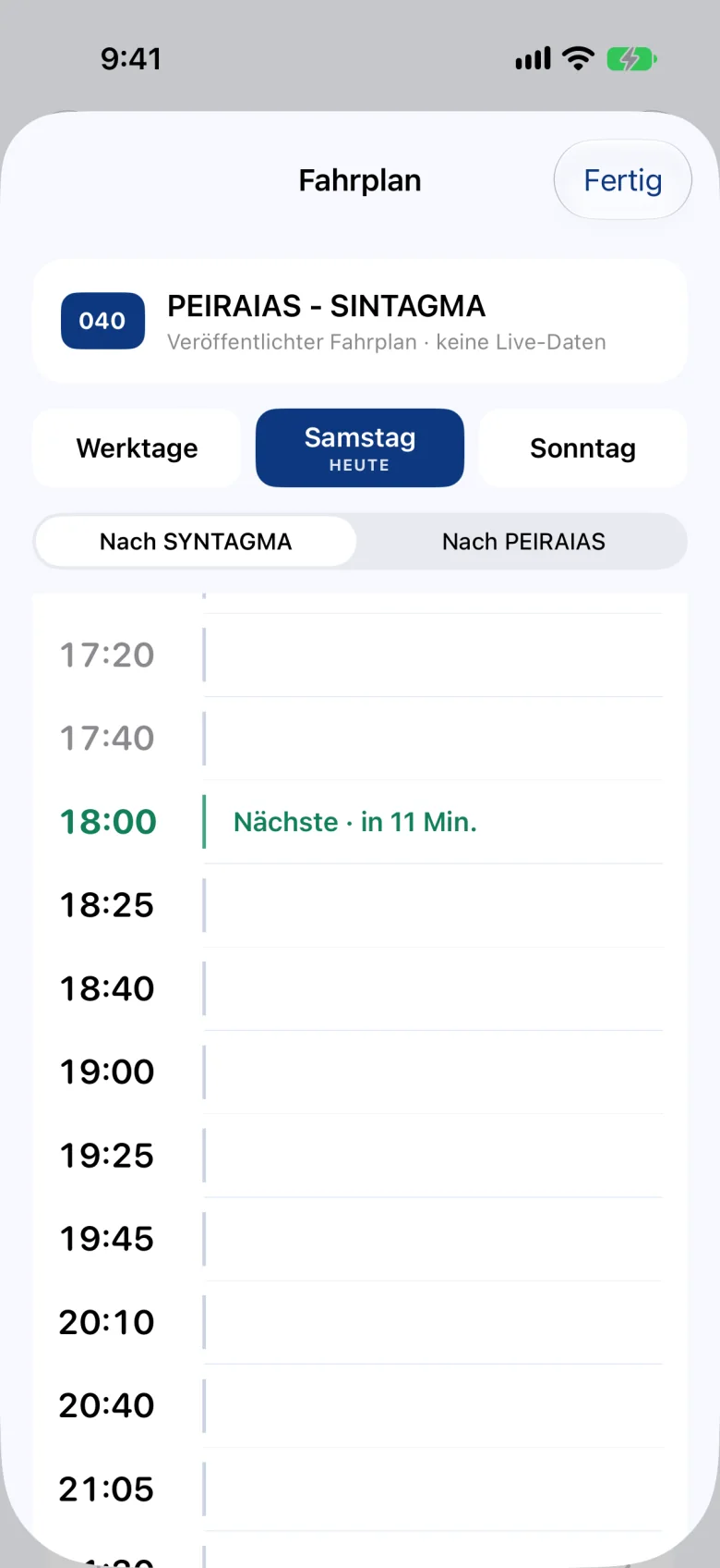 Fahrplan der Linie 040, als veröffentlichter Fahrplan und nicht als Live-Daten gekennzeichnet, mit hervorgehobener nächster Abfahrt.