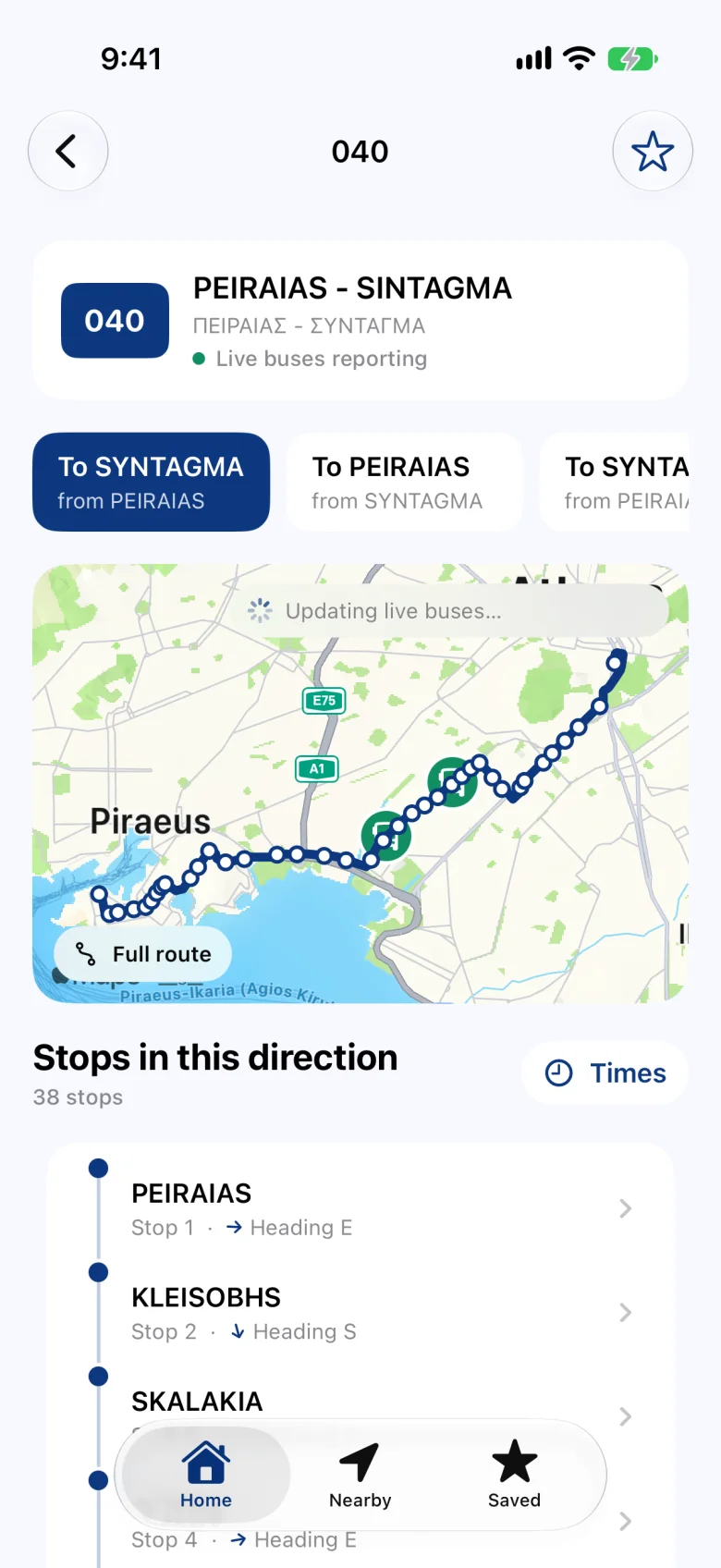 Line 040: its route on the map, the direction to choose, and live buses reporting.