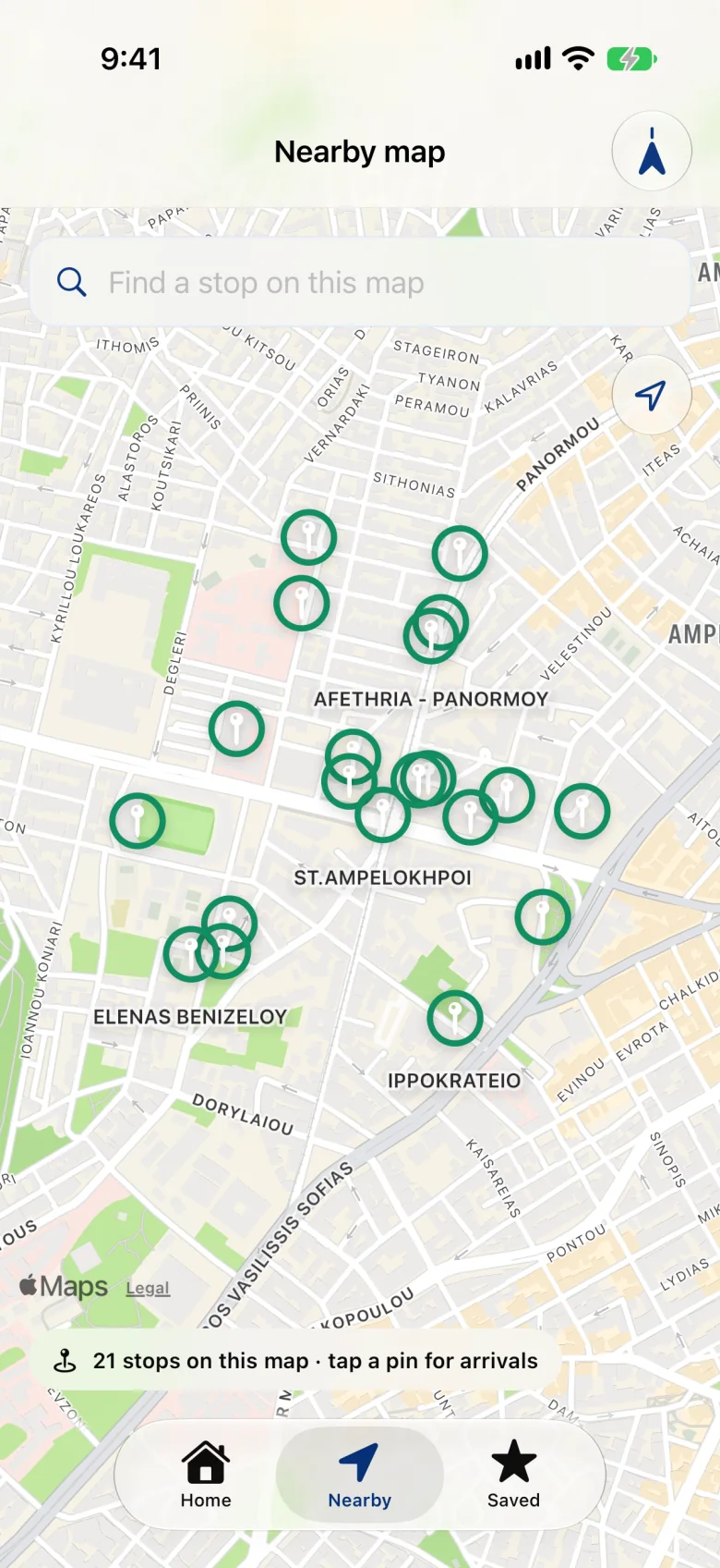 Nearby map: the stop pins around you, with a search for stops on the map.