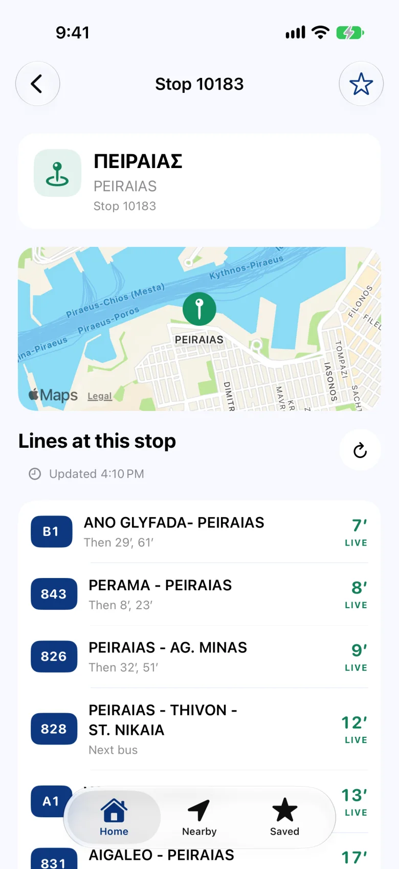 A stop: its lines, each with minutes to the next bus and whether the time is live.