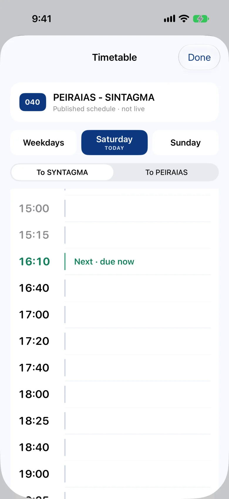 Timetable of line 040, marked as a published schedule, not live, with the next departure highlighted.