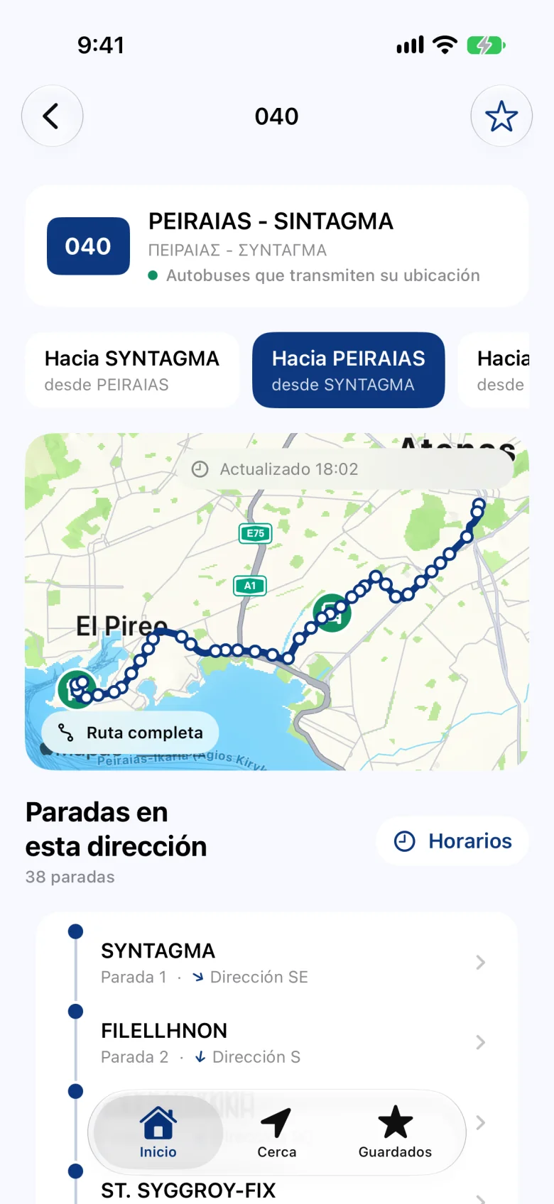 Línea 040: su ruta en el mapa, el sentido que puedes elegir y los autobuses que envían su ubicación en directo.