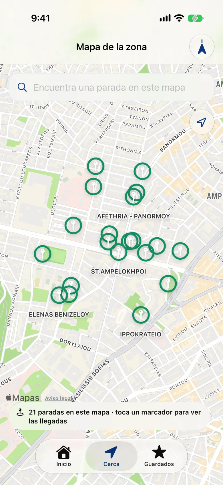 Mapa de paradas cercanas: los marcadores de las paradas a tu alrededor y una búsqueda de paradas en el mapa.