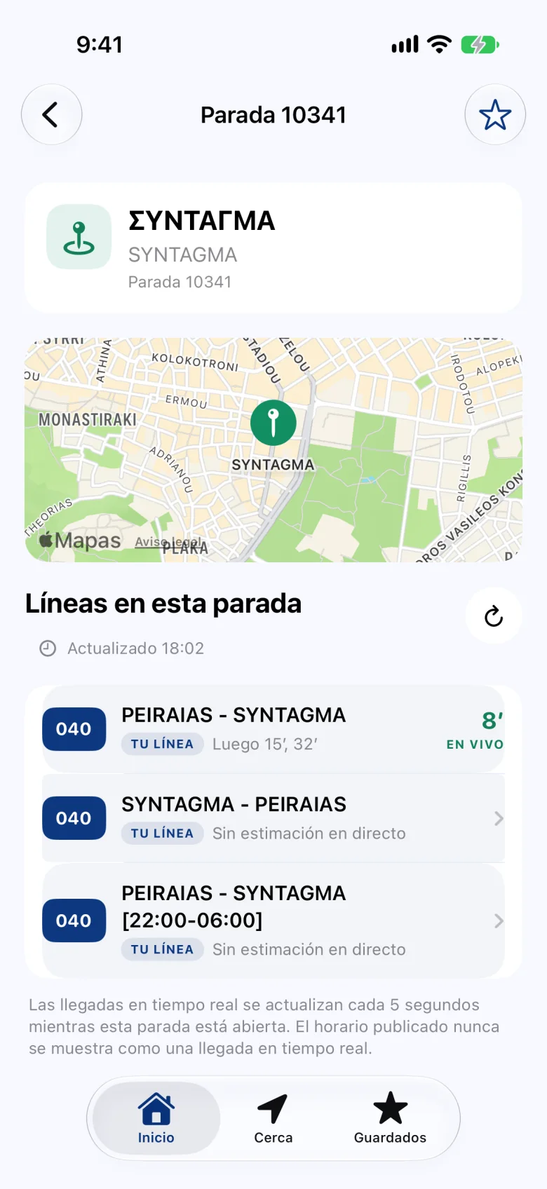 Una parada: sus líneas, cada una con los minutos hasta el próximo autobús y la indicación de si la hora es en directo.
