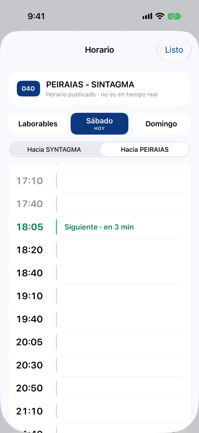 Horario de la línea 040, identificado como publicado y no en directo, con la próxima salida destacada.